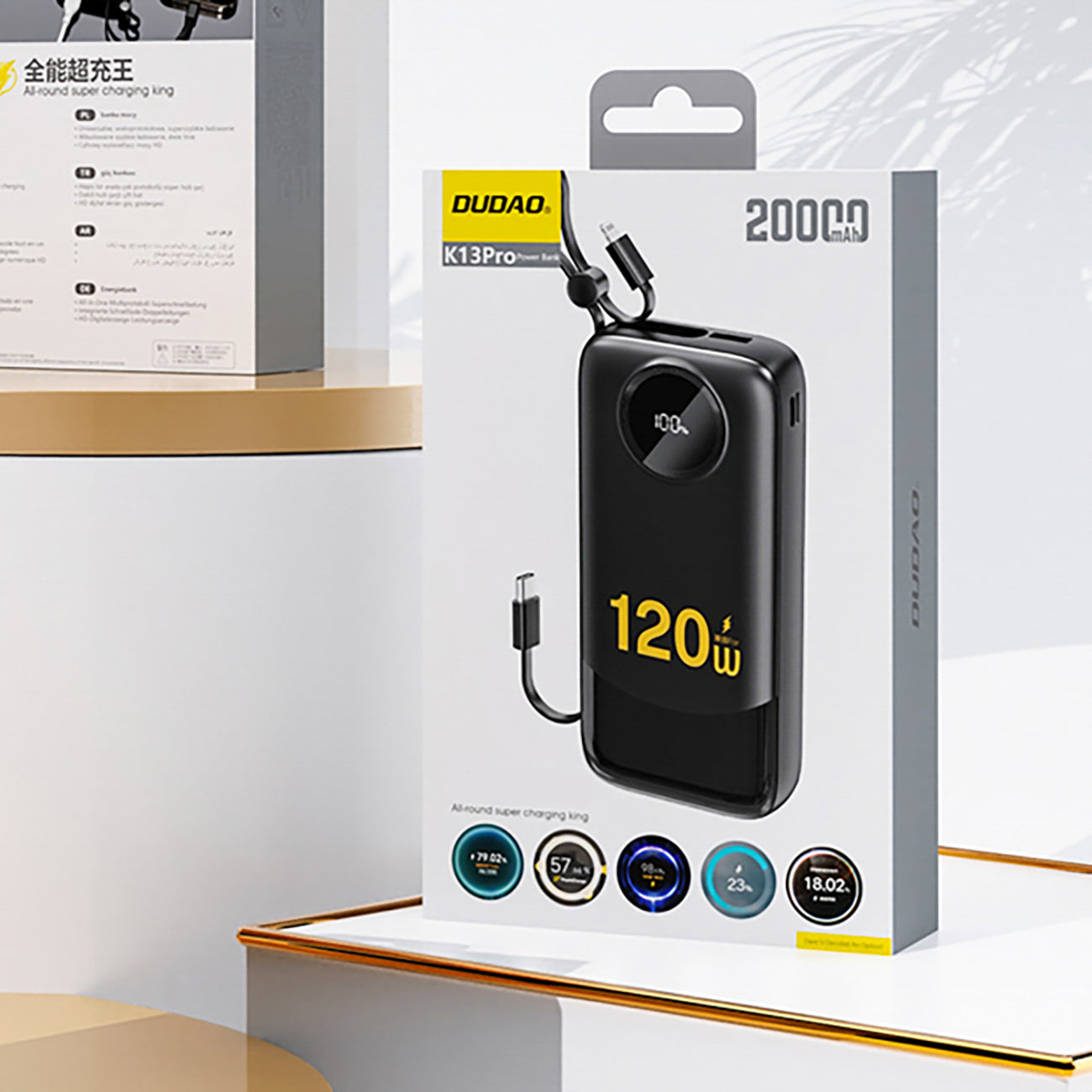 Dudao K13 10000mAh Powerbank su integruotu kabelu - Juoda -- Powerbanks