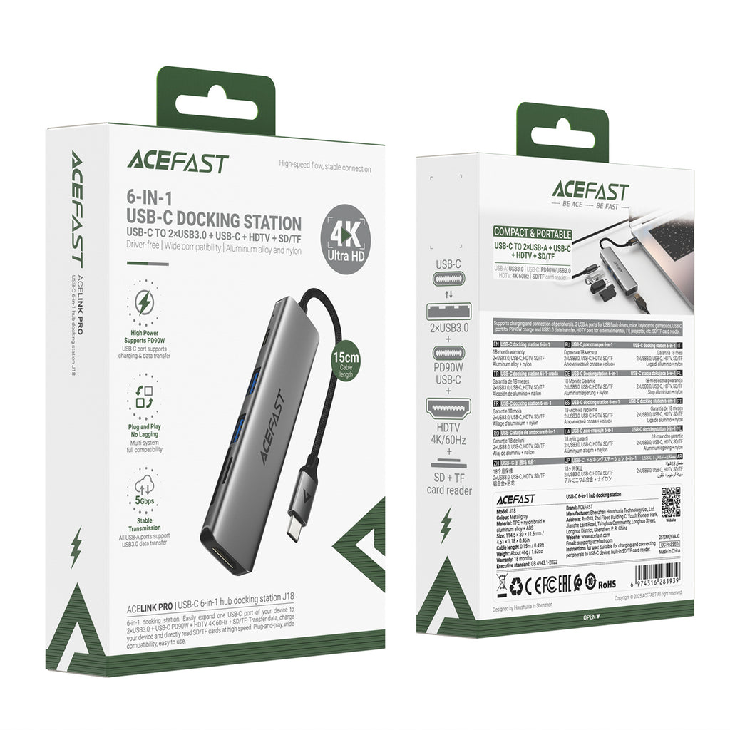 Acefast J18 USB Hub USB-C 6-in-1 HDMI 4K 60Hz PD90W Docking stotis - pilka -- USB Hubs