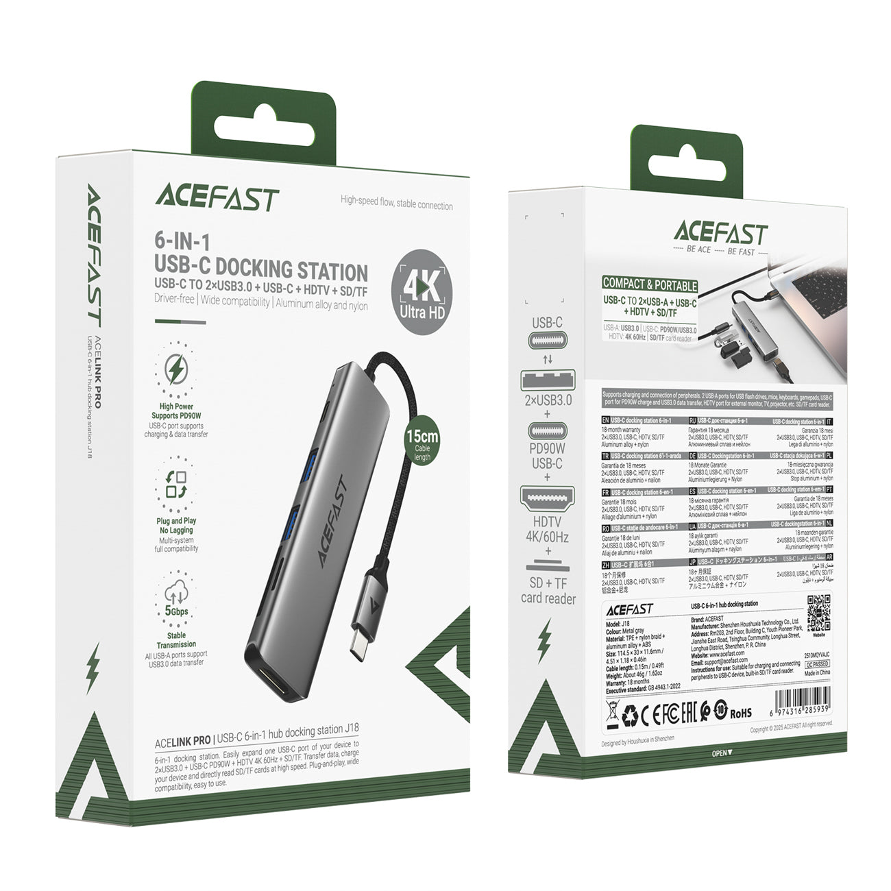 Acefast J18 USB Hub USB-C 6-in-1 HDMI 4K 60Hz PD90W Docking stotis - pilka -- USB Hubs