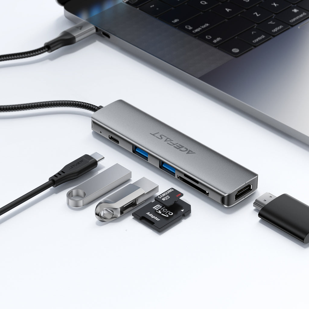 Acefast J18 USB Hub USB-C 6-in-1 HDMI 4K 60Hz PD90W Docking stotis - pilka -- USB Hubs