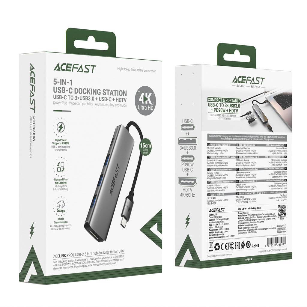 Acefast J16 USB Hub USB-C 5-in-1 HDMI 4K 60Hz PD90W Docking stotis - pilka -- USB Hubs