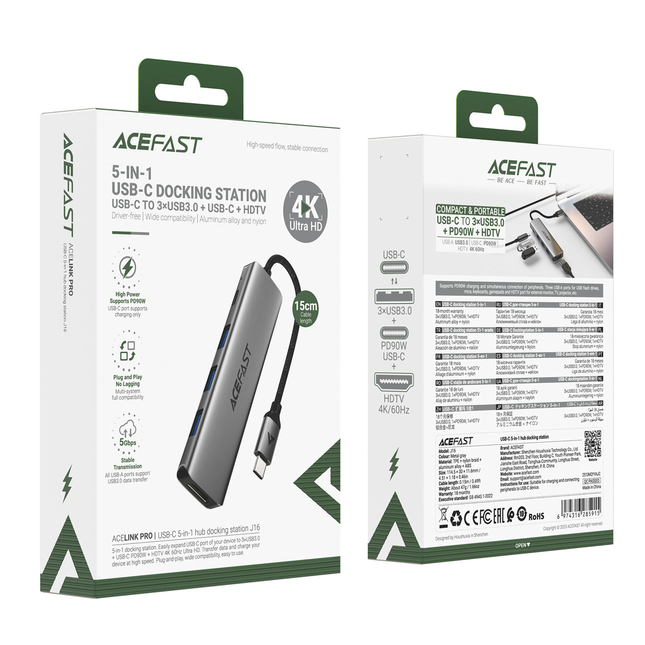 Acefast J16 USB Hub USB-C 5-in-1 HDMI 4K 60Hz PD90W Docking stotis - pilka -- USB Hubs