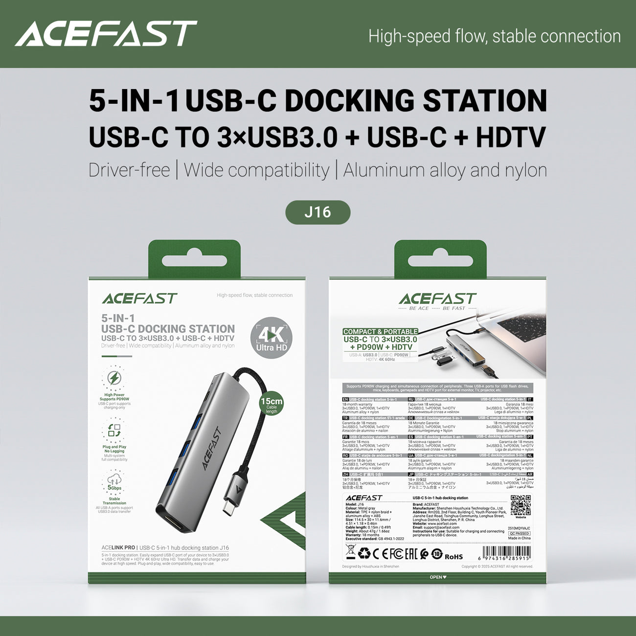 Acefast J16 USB Hub USB-C 5-in-1 HDMI 4K 60Hz PD90W Docking stotis - pilka -- USB Hubs