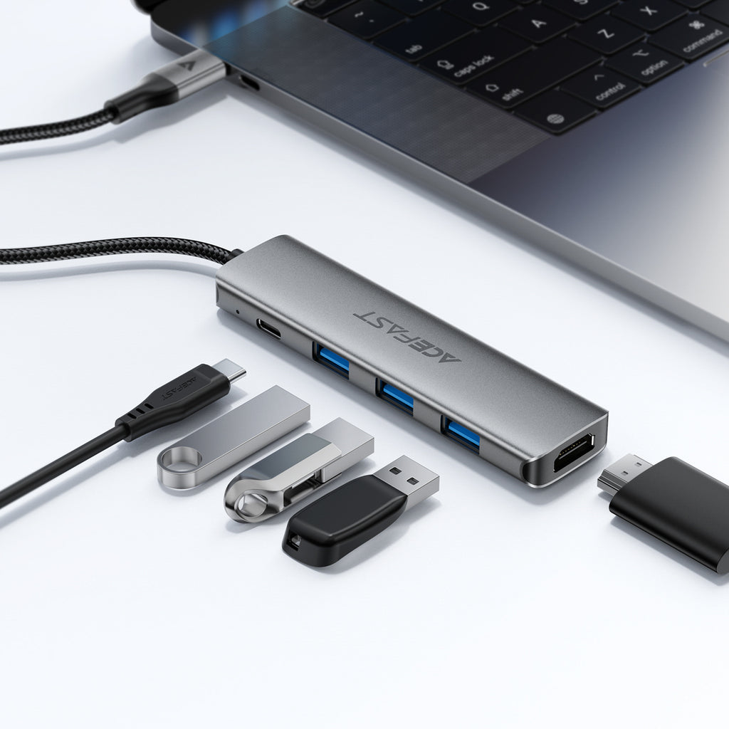 Acefast J16 USB Hub USB-C 5-in-1 HDMI 4K 60Hz PD90W Docking stotis - pilka -- USB Hubs