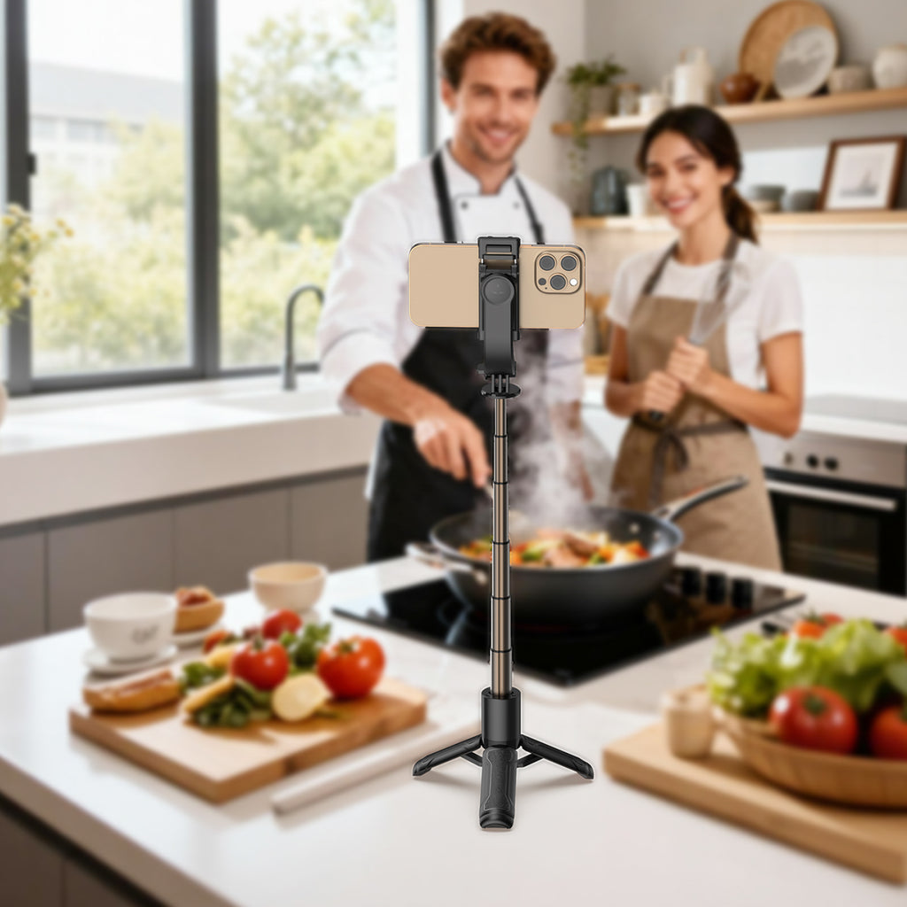 Acefast E42 savifotografinis lazdas su automatiniu trikoja ir Bluetooth nuotolinio valdymo pultu 63 cm – Juodas -- Selfie...