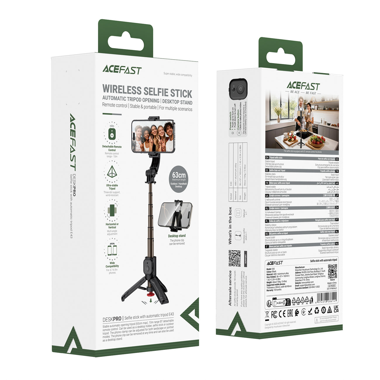 Acefast E42 savifotografinis lazdas su automatiniu trikoja ir Bluetooth nuotolinio valdymo pultu 63 cm – Juodas -- Selfie...