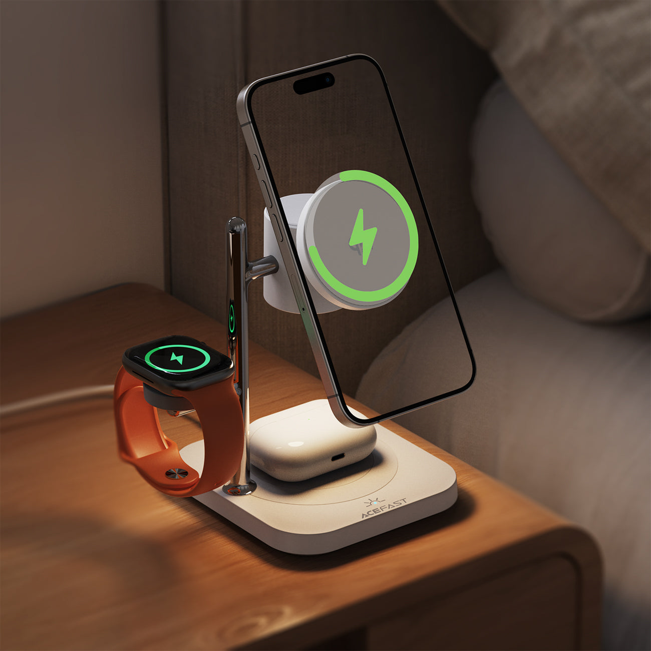 Acefast E39 Qi2.2 25W 4-in-1 belaidinis darbalaukio įkroviklis telefonui, laikrodžiui ir ausinėms su naktine šviesa –...