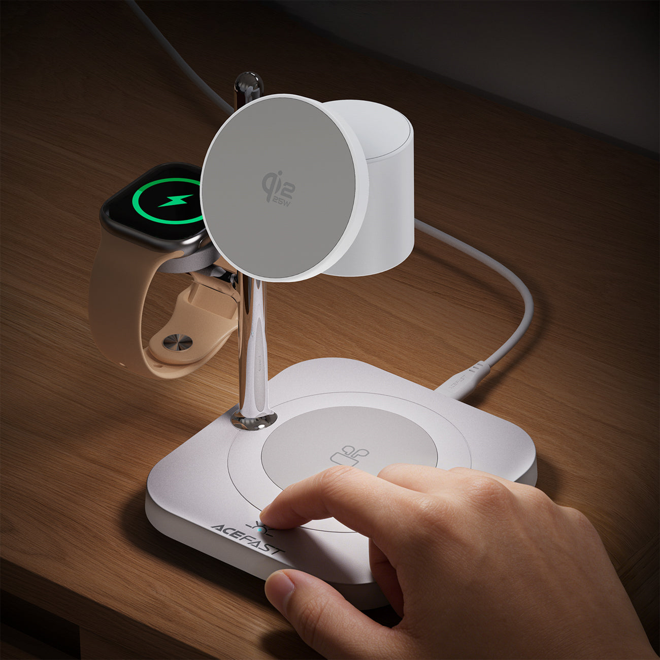 Acefast E39 Qi2.2 25W 4-in-1 belaidinis darbalaukio įkroviklis telefonui, laikrodžiui ir ausinėms su naktine šviesa –...