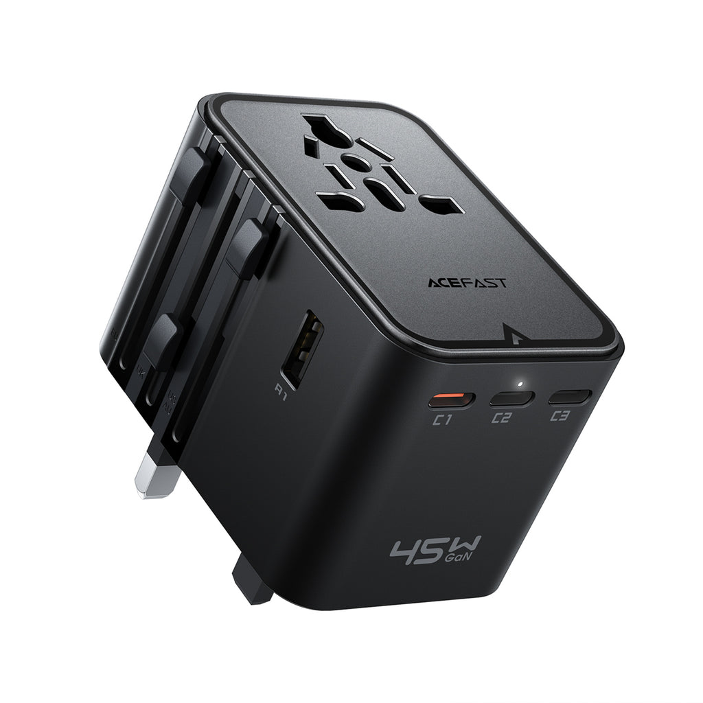 Acefast Z8 GaN 45W Kelioninis Adapteris 3x USB-C + 2x USB-A Kelioninis Sieninis Įkroviklis su 2500W AC Lizdu - Juodas --...