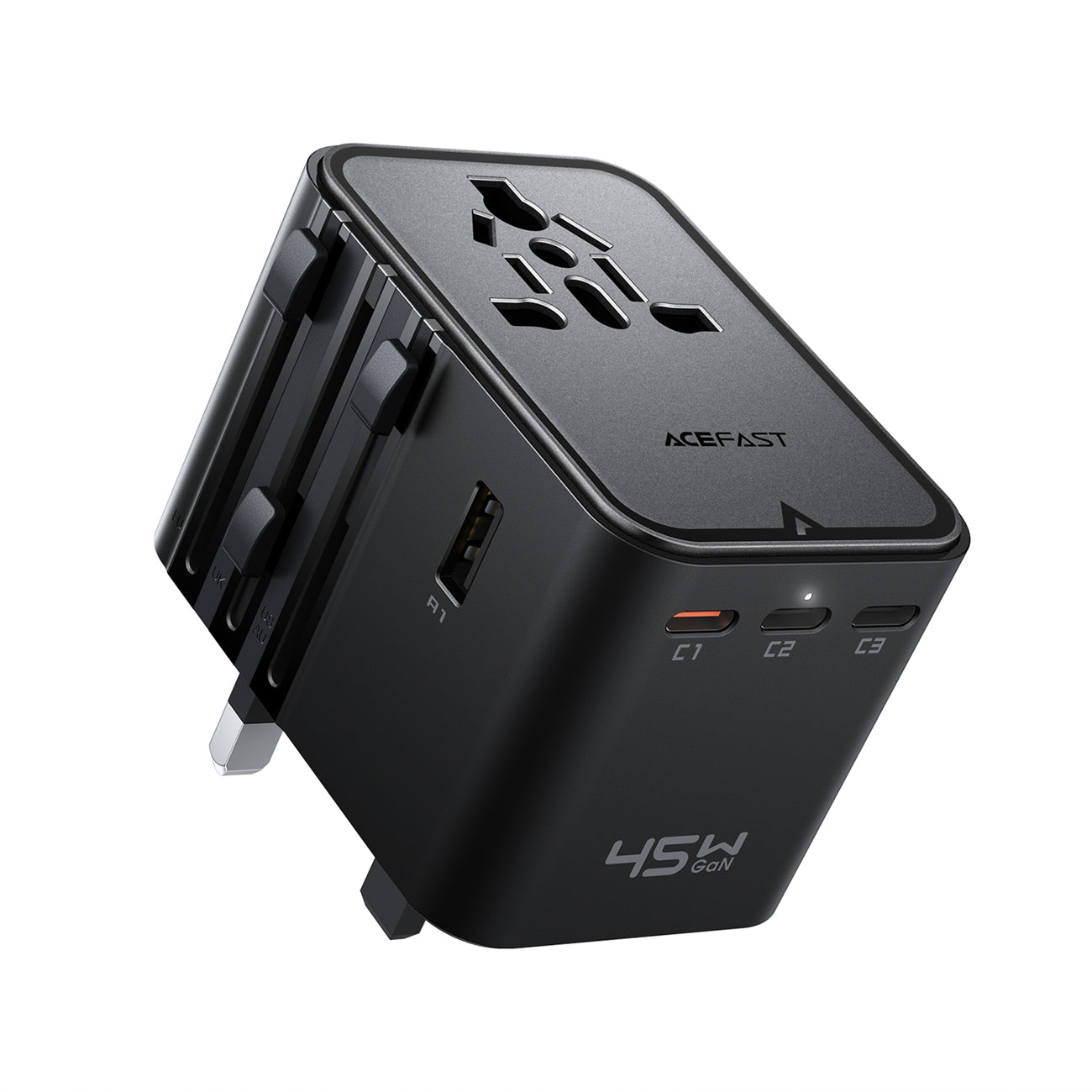 Acefast Z8 GaN 45W Kelioninis Adapteris 3x USB-C + 2x USB-A Kelioninis Sieninis Įkroviklis su 2500W AC Lizdu - Juodas --...