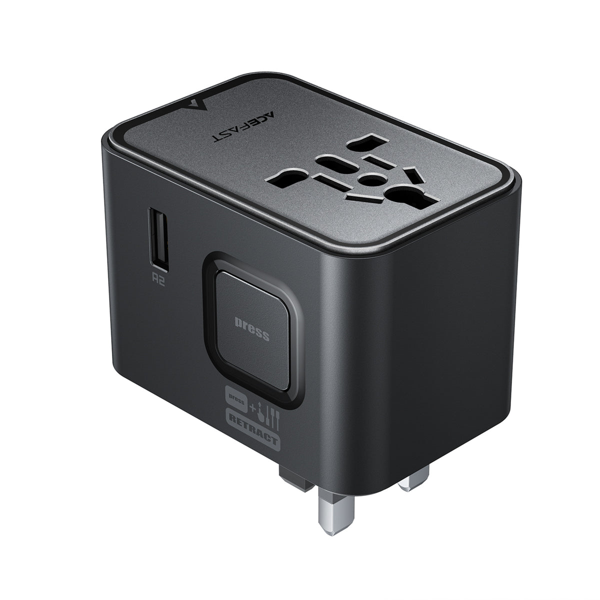 Acefast Z8 GaN 45W Kelioninis Adapteris 3x USB-C + 2x USB-A Kelioninis Sieninis Įkroviklis su 2500W AC Lizdu - Juodas --...