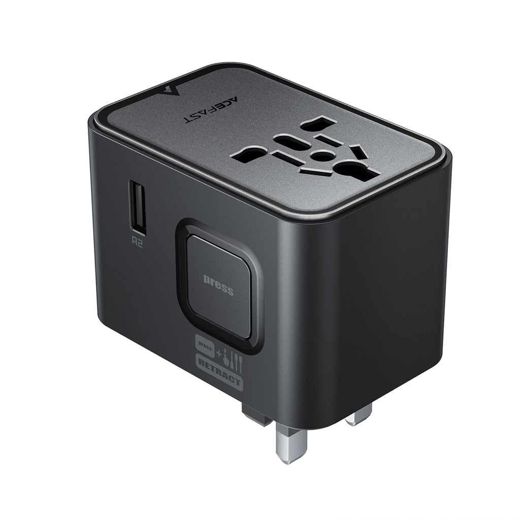 Acefast Z8 GaN 45W Kelioninis Adapteris 3x USB-C + 2x USB-A Kelioninis Sieninis Įkroviklis su 2500W AC Lizdu - Juodas --...