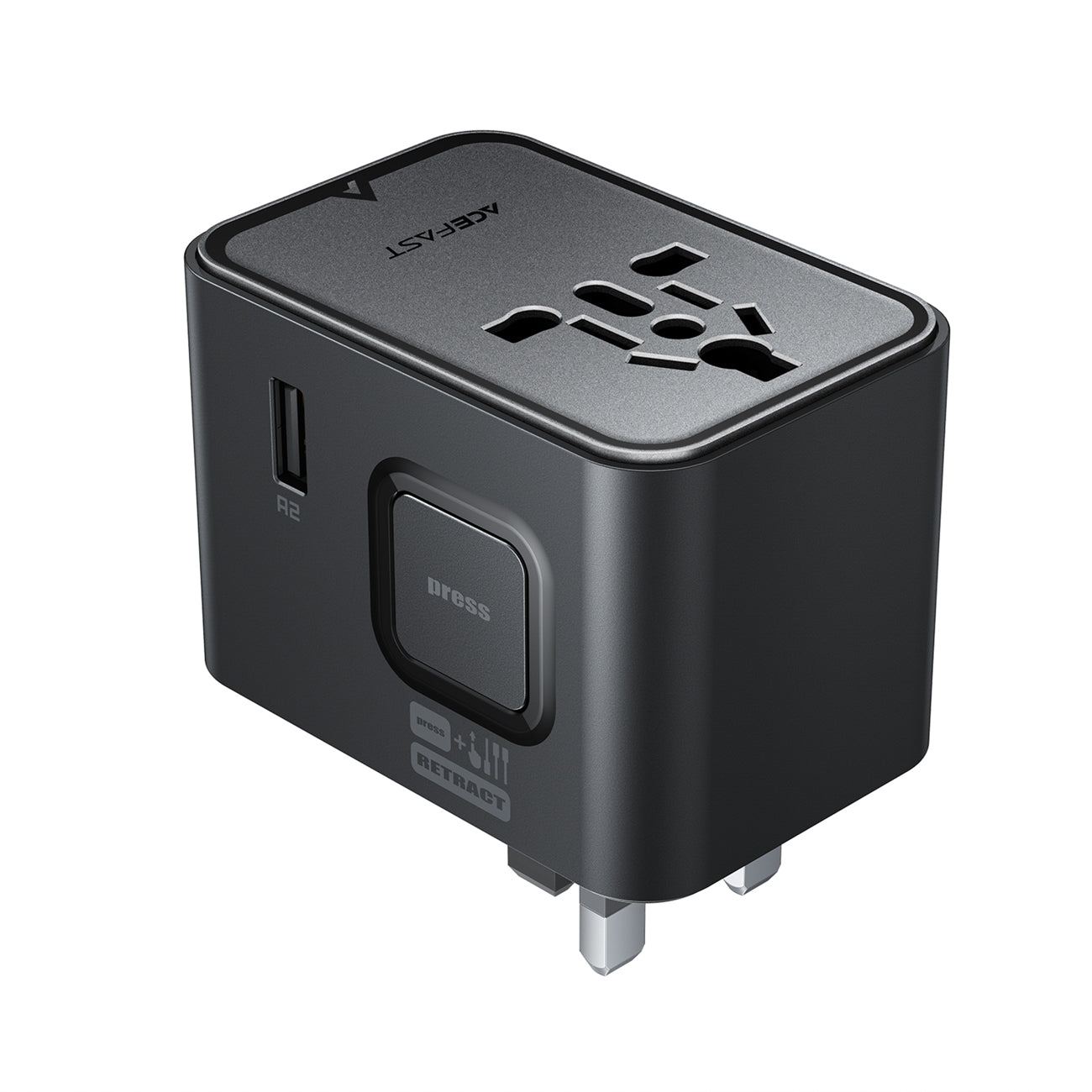 Acefast Z8 GaN 45W Kelioninis Adapteris 3x USB-C + 2x USB-A Kelioninis Sieninis Įkroviklis su 2500W AC Lizdu - Juodas --...