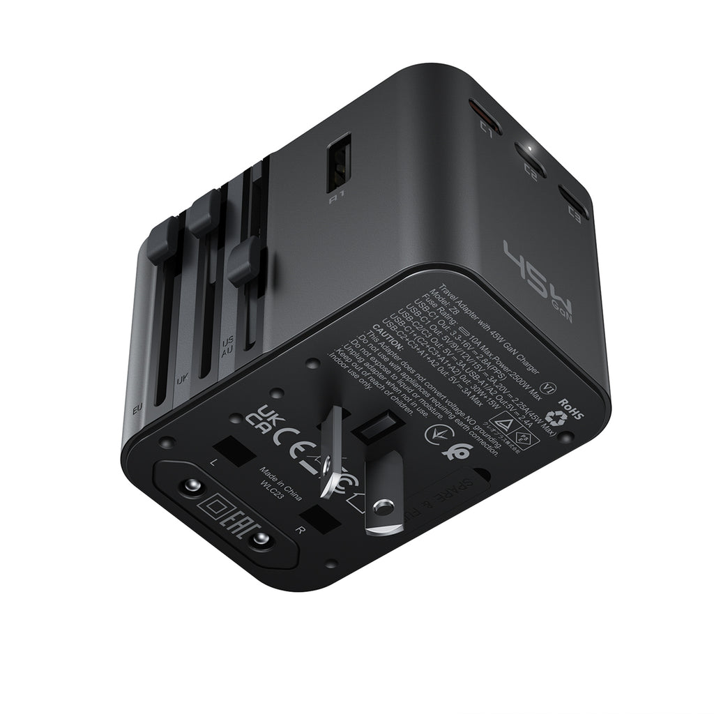 Acefast Z8 GaN 45W Kelioninis Adapteris 3x USB-C + 2x USB-A Kelioninis Sieninis Įkroviklis su 2500W AC Lizdu - Juodas --...