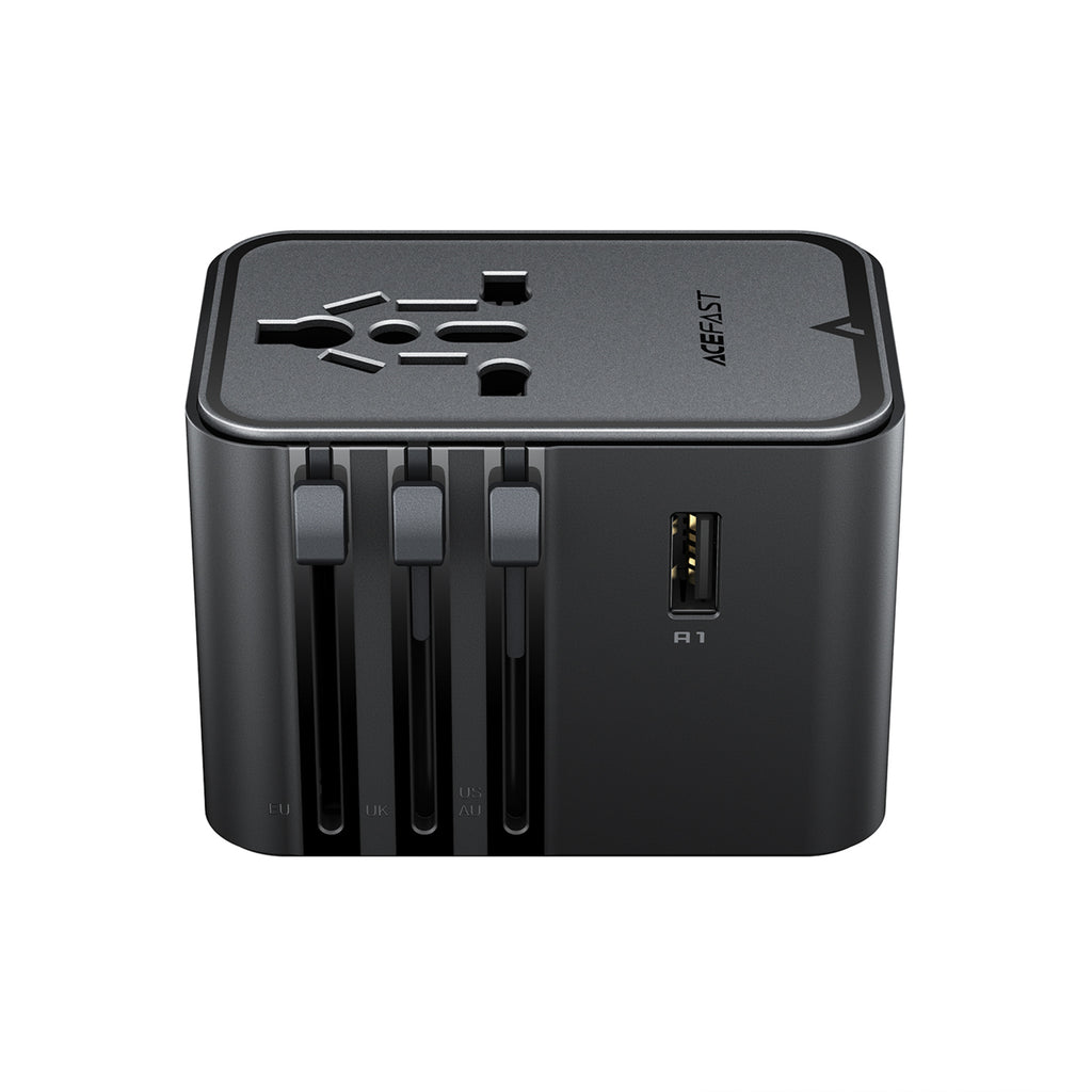 Acefast Z8 GaN 45W Kelioninis Adapteris 3x USB-C + 2x USB-A Kelioninis Sieninis Įkroviklis su 2500W AC Lizdu - Juodas --...