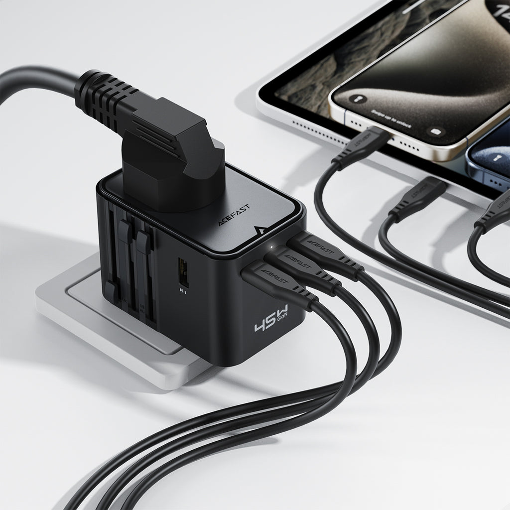 Acefast Z8 GaN 45W Kelioninis Adapteris 3x USB-C + 2x USB-A Kelioninis Sieninis Įkroviklis su 2500W AC Lizdu - Juodas --...