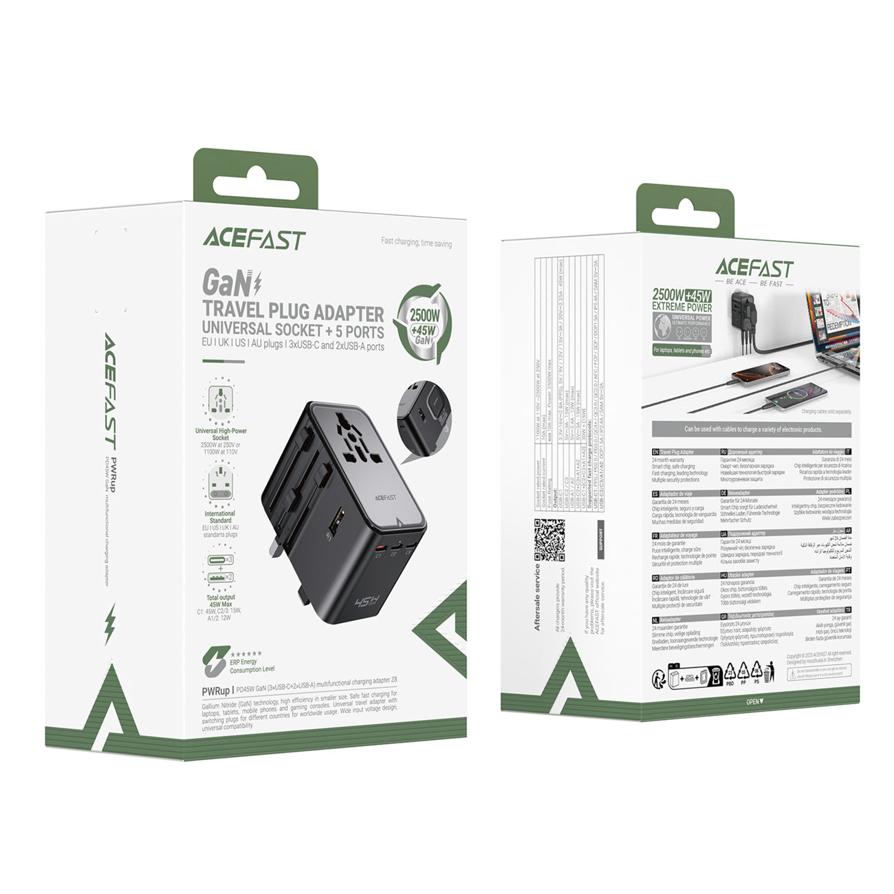 Acefast Z8 GaN 45W Kelioninis Adapteris 3x USB-C + 2x USB-A Kelioninis Sieninis Įkroviklis su 2500W AC Lizdu - Juodas --...