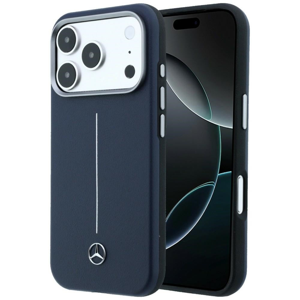 Mercedes Leather Semi Wrap Iconic Line MagSafe dėklas skirtas iPhone 17 Pro - tamsiai mėlynas -- iPhone 17 Pro