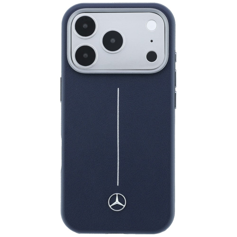Mercedes Leather Semi Wrap Iconic Line MagSafe dėklas skirtas iPhone 17 Pro Max - tamsiai mėlynas -- iPhone 17 Pro Max