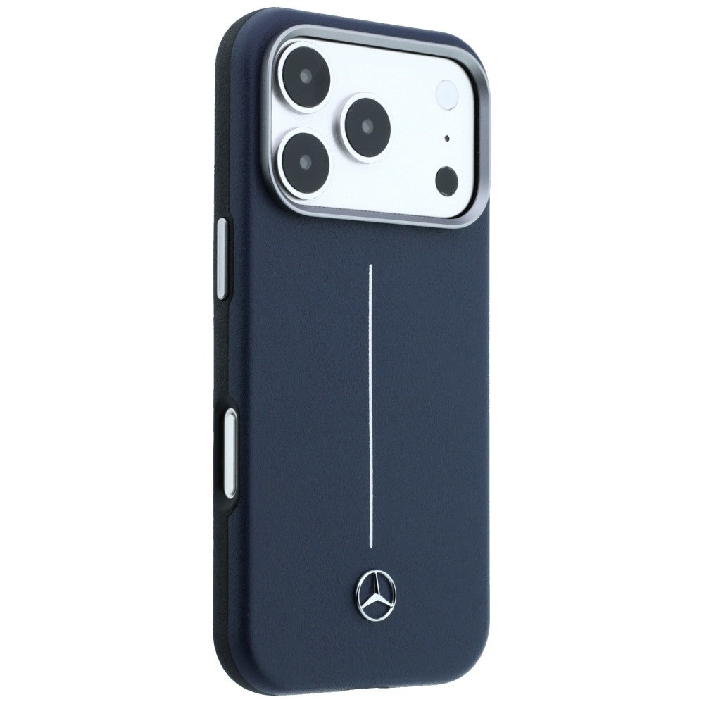 Mercedes Leather Semi Wrap Iconic Line MagSafe dėklas skirtas iPhone 17 Pro Max - tamsiai mėlynas -- iPhone 17 Pro Max