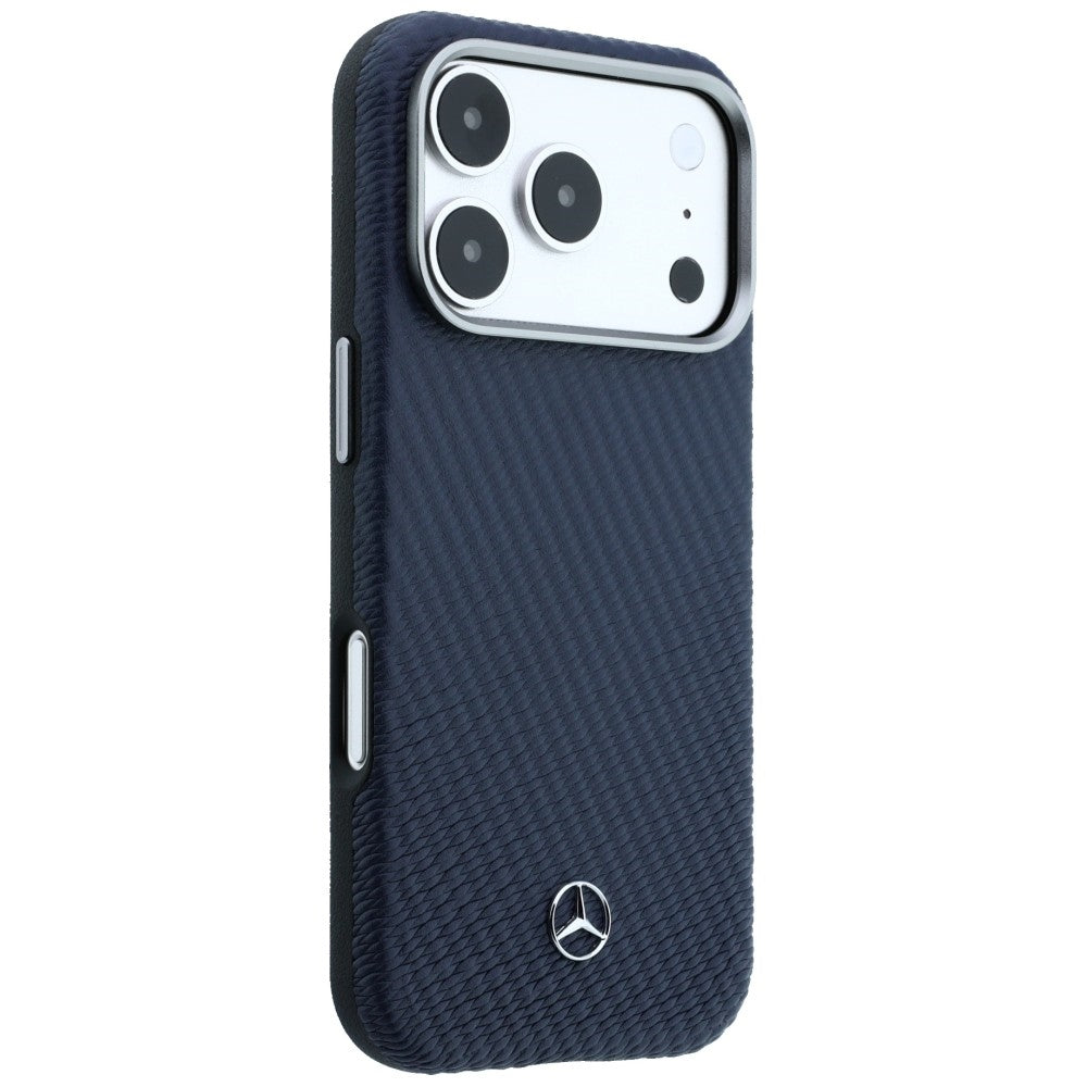 Mercedes Leather Semi Wrap Wood Effect MagSafe dėklas iPhone 17 Pro - Tamsiai mėlyna -- iPhone 17 Pro