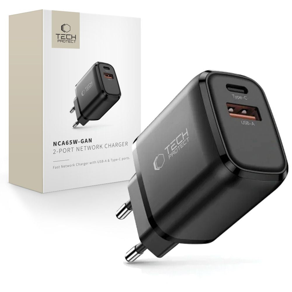 Tech-Protect NCA65W-GAN PD 65W / QC3.0 2 prievadų tinklo įkroviklis - juodas -- Cell phone chargers
