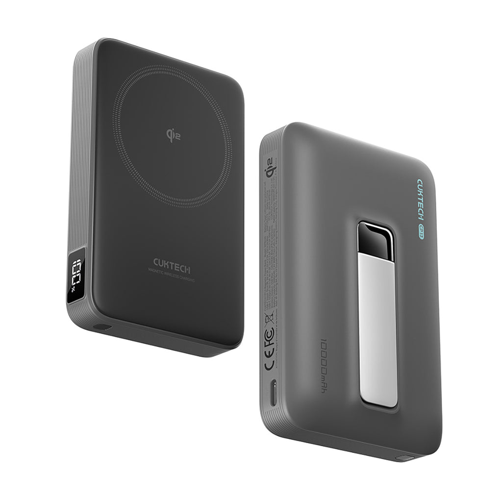 Cuktech WPB100 10000 mAh Qi2 magnetinė išorinė baterija 30W su stovu - juoda -- Powerbanks
