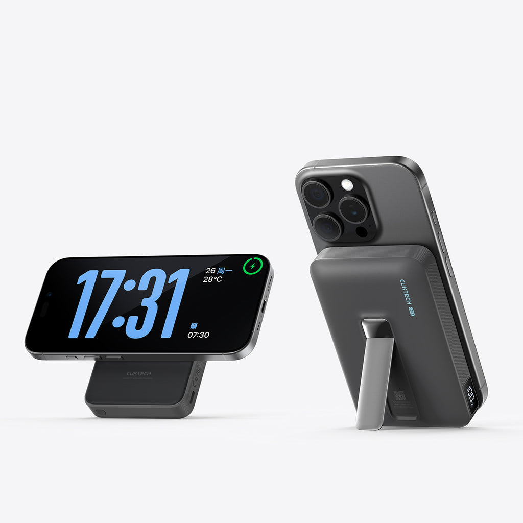 Cuktech WPB100 10000 mAh Qi2 magnetinė išorinė baterija 30W su stovu - juoda -- Powerbanks