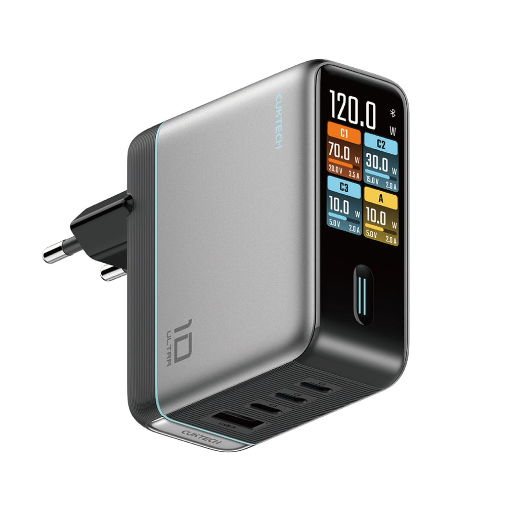 Cuktech AD1204U 120W sieninis įkroviklis su ekranu ir USB-C kabeliu - Sidabrinė -- Cell phone chargers