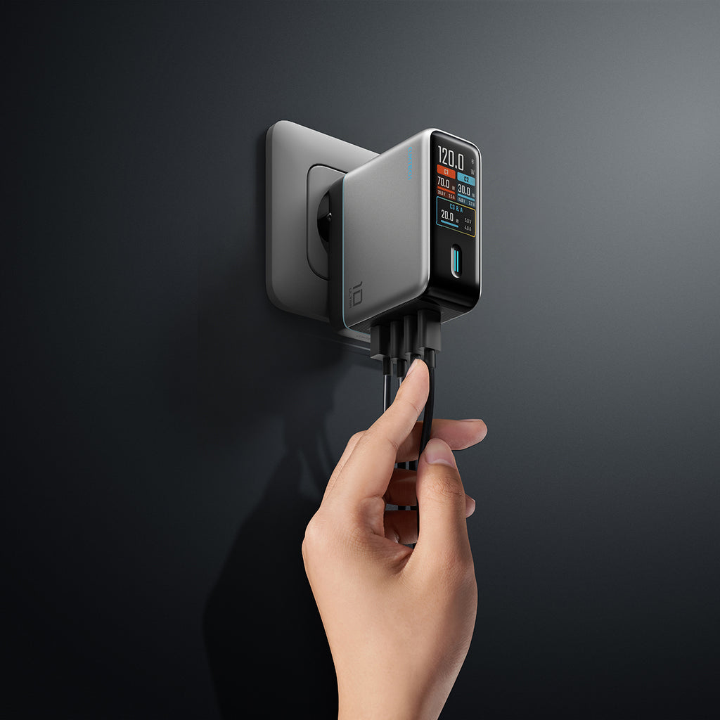 Cuktech AD1204U 120W sieninis įkroviklis su ekranu ir USB-C kabeliu - Sidabrinė -- Cell phone chargers