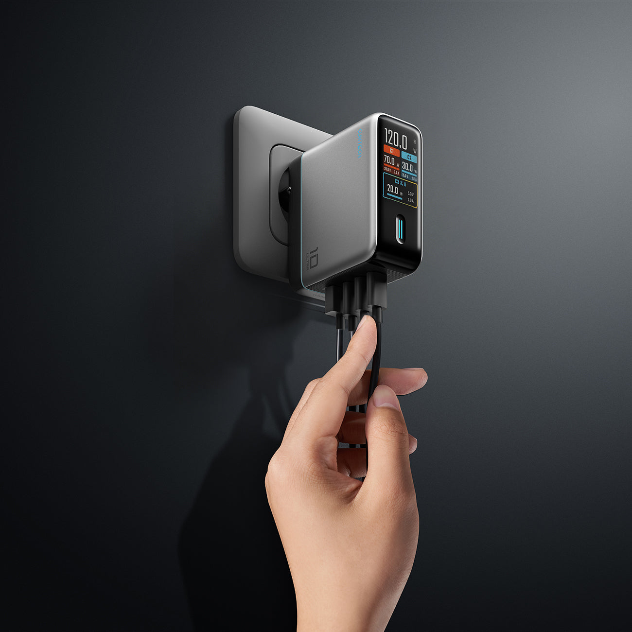 Cuktech AD1204U 120W sieninis įkroviklis su ekranu ir USB-C kabeliu - Sidabrinė -- Cell phone chargers