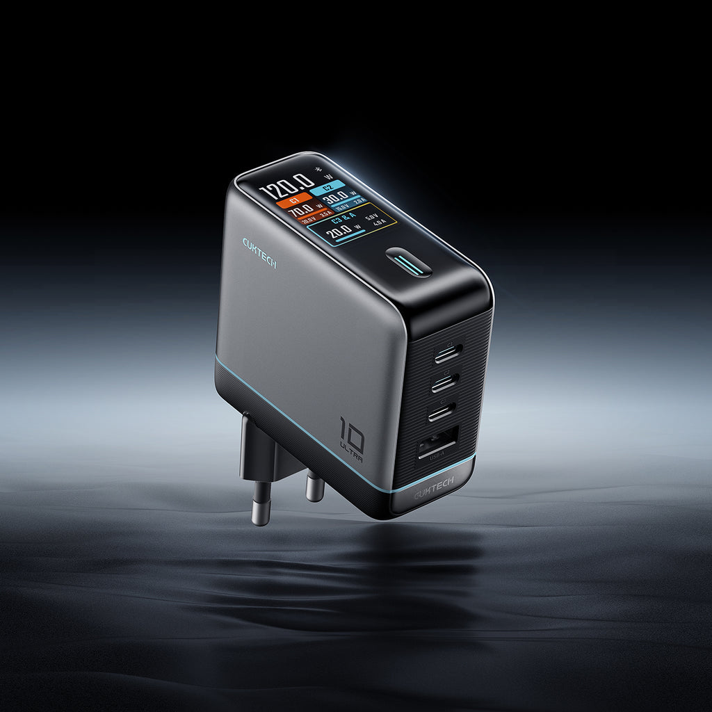 Cuktech AD1204U 120W sieninis įkroviklis su ekranu ir USB-C kabeliu - Sidabrinė -- Cell phone chargers