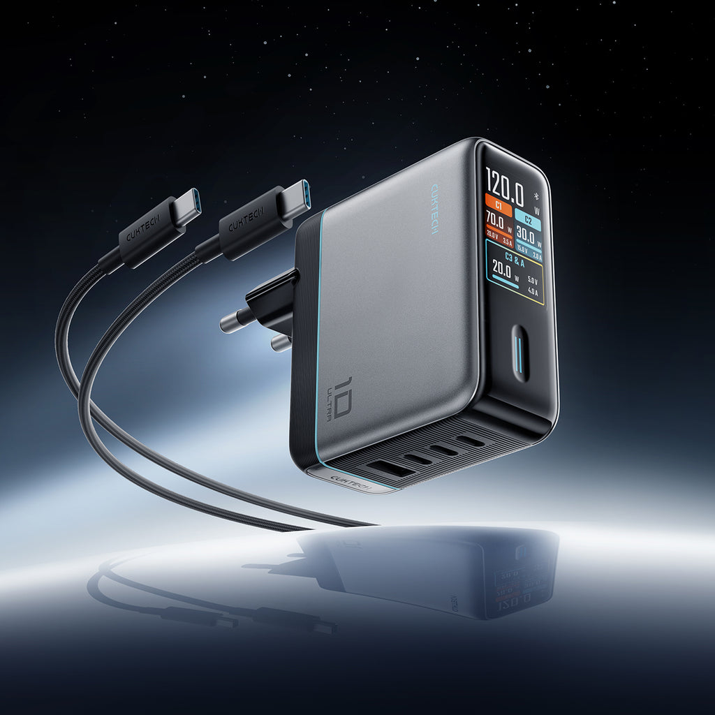 Cuktech AD1204U 120W sieninis įkroviklis su ekranu ir USB-C kabeliu - Sidabrinė -- Cell phone chargers