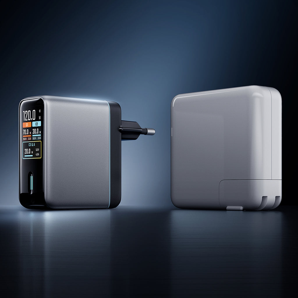 Cuktech AD1204U 120W sieninis įkroviklis su ekranu ir USB-C kabeliu - Sidabrinė -- Cell phone chargers
