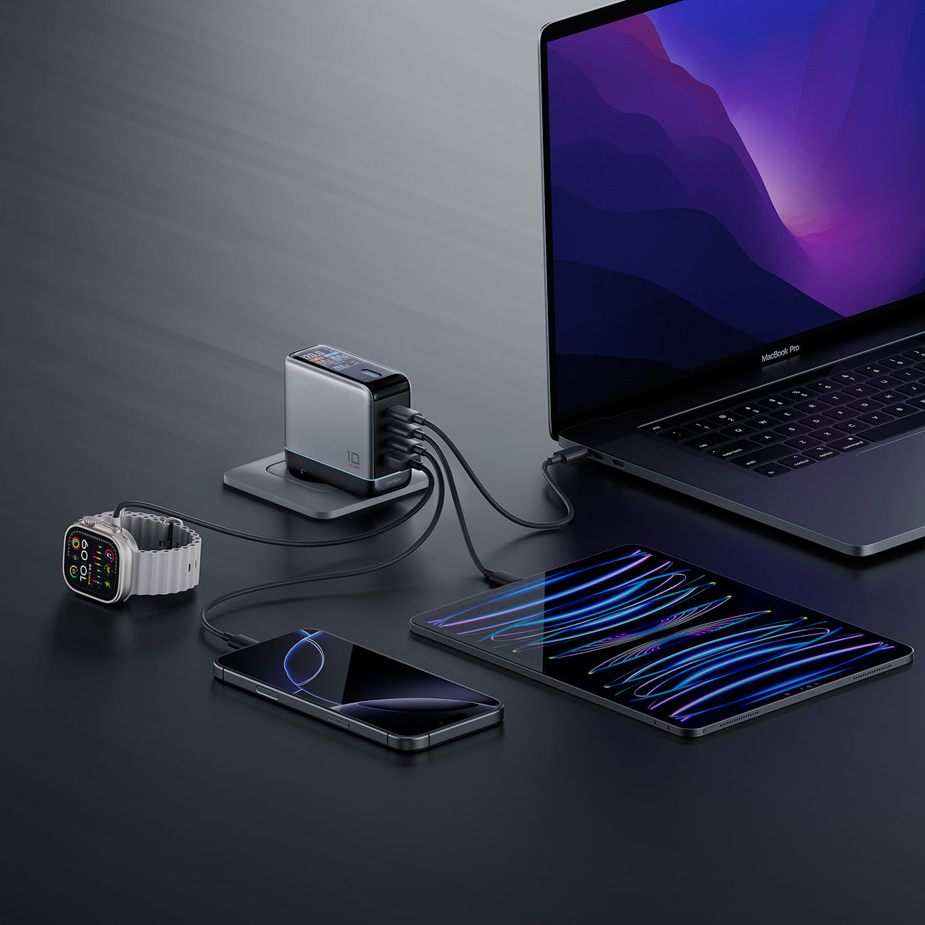 Cuktech AD1204U 120W sieninis įkroviklis su ekranu ir USB-C kabeliu - Sidabrinė -- Cell phone chargers
