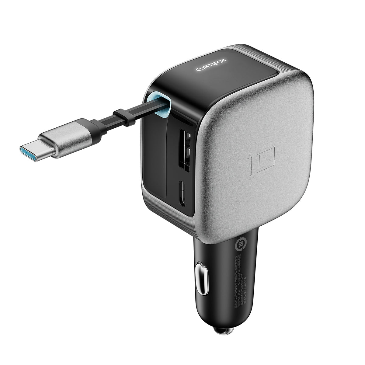 Cuktech CC903P 100W automobilinis įkroviklis su ekranu ir 70cm atsukinamu USB-C laidu - pilkas -- Car chargers