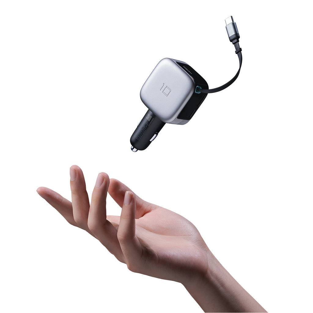 Cuktech CC903P 100W automobilinis įkroviklis su ekranu ir 70cm atsukinamu USB-C laidu - pilkas -- Car chargers