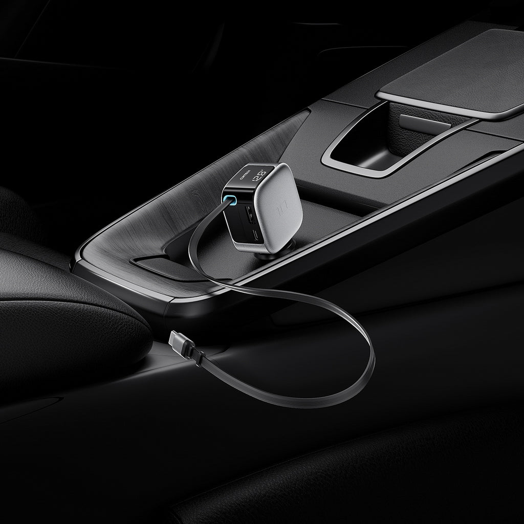 Cuktech CC903P 100W automobilinis įkroviklis su ekranu ir 70cm atsukinamu USB-C laidu - pilkas -- Car chargers