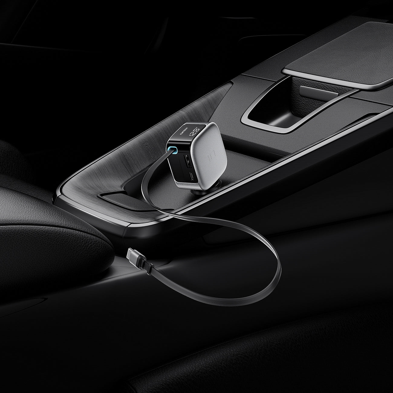 Cuktech CC903P 100W automobilinis įkroviklis su ekranu ir 70cm atsukinamu USB-C laidu - pilkas -- Car chargers