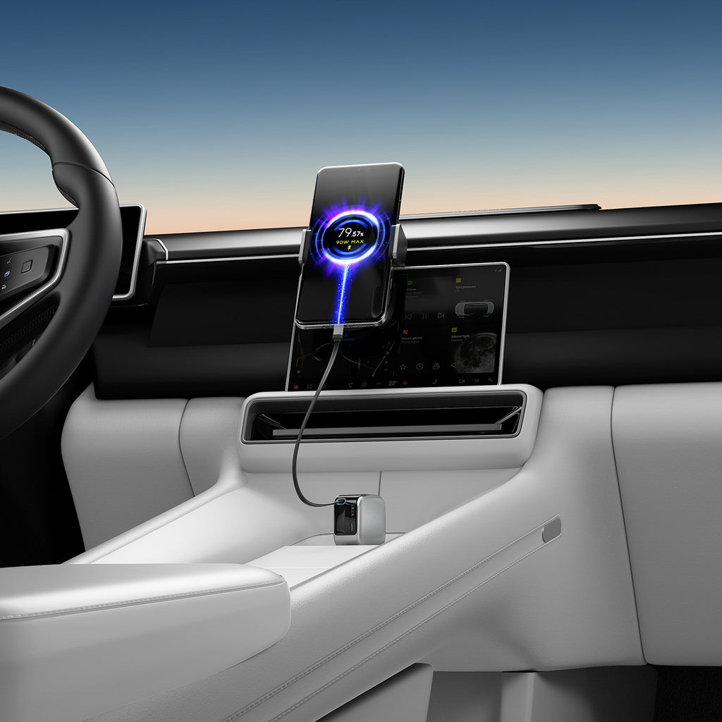 Cuktech CC903P 100W automobilinis įkroviklis su ekranu ir 70cm atsukinamu USB-C laidu - pilkas -- Car chargers