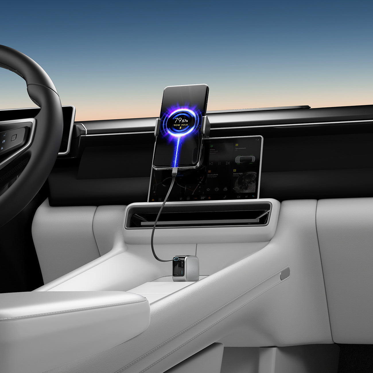 Cuktech CC903P 100W automobilinis įkroviklis su ekranu ir 70cm atsukinamu USB-C laidu - pilkas -- Car chargers