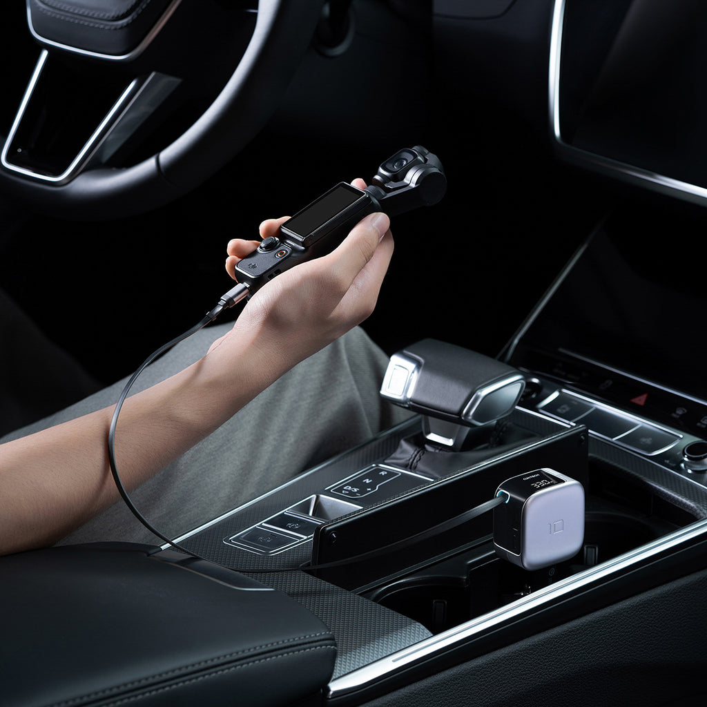 Cuktech CC903P 100W automobilinis įkroviklis su ekranu ir 70cm atsukinamu USB-C laidu - pilkas -- Car chargers