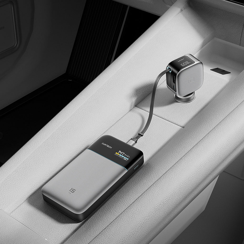 Cuktech CC903P 100W automobilinis įkroviklis su ekranu ir 70cm atsukinamu USB-C laidu - pilkas -- Car chargers