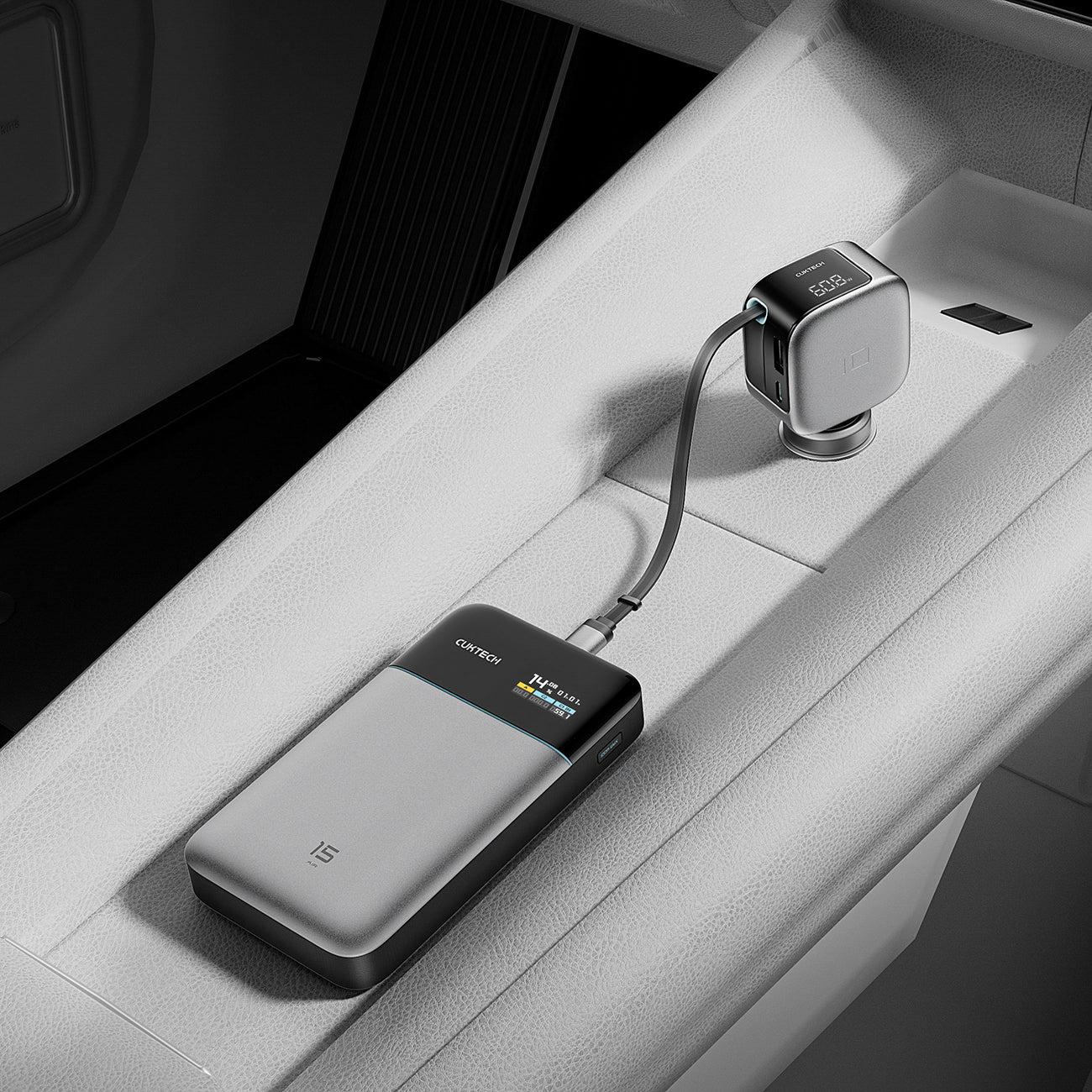 Cuktech CC903P 100W automobilinis įkroviklis su ekranu ir 70cm atsukinamu USB-C laidu - pilkas -- Car chargers