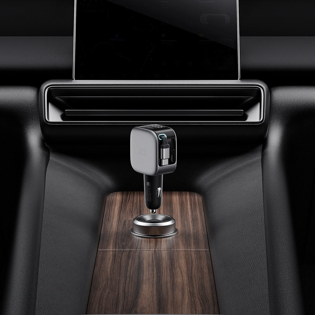 Cuktech CC903P 100W automobilinis įkroviklis su ekranu ir 70cm atsukinamu USB-C laidu - pilkas -- Car chargers