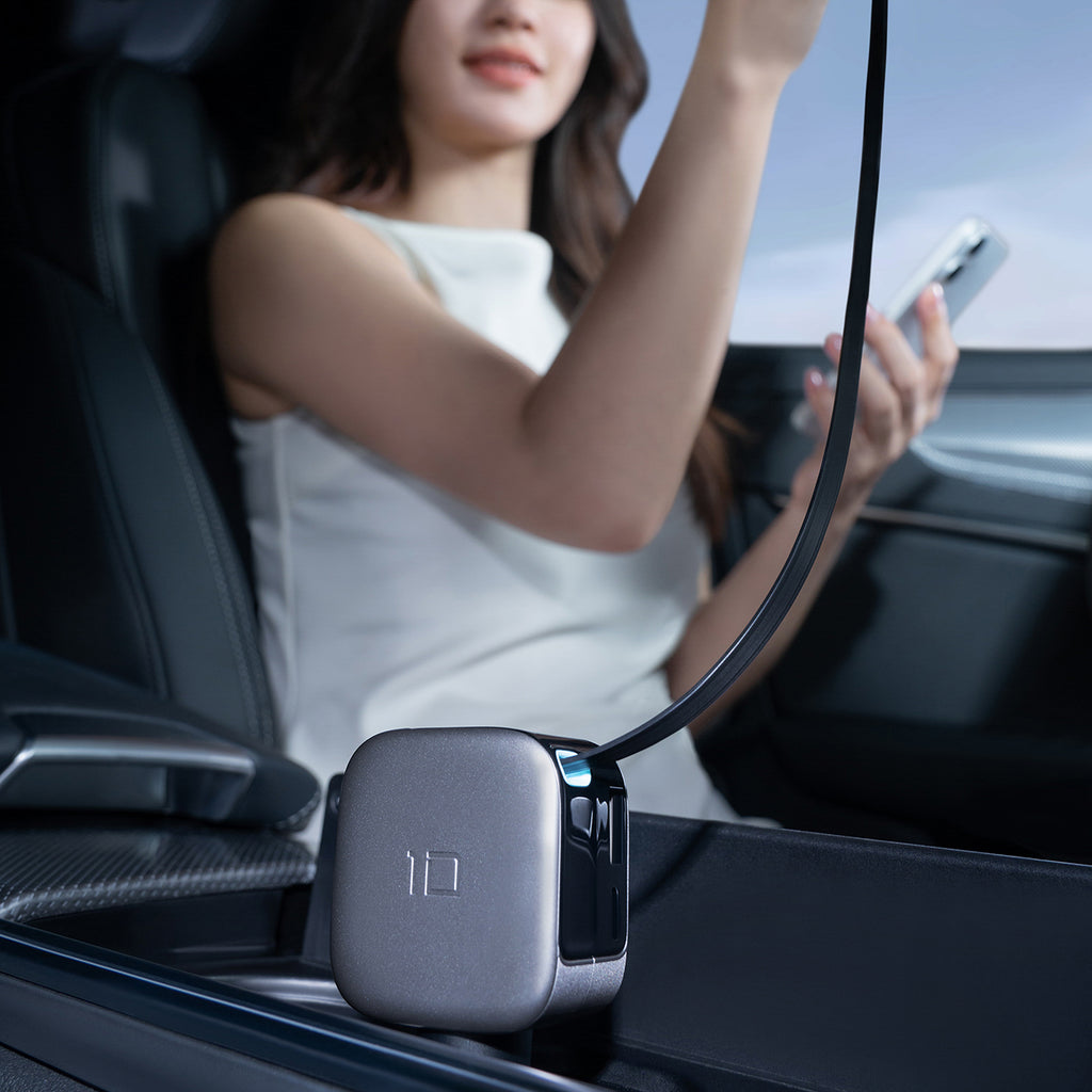 Cuktech CC903P 100W automobilinis įkroviklis su ekranu ir 70cm atsukinamu USB-C laidu - pilkas -- Car chargers