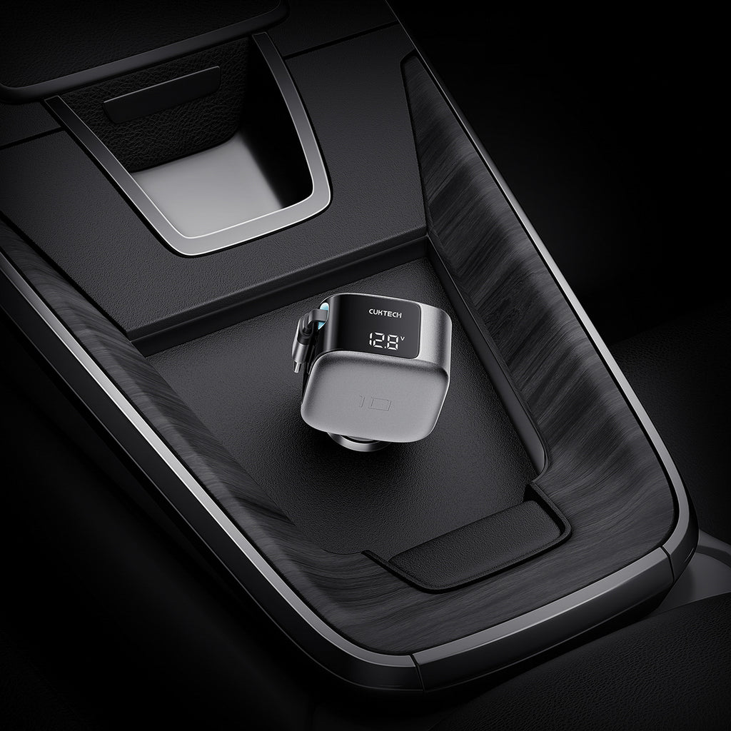 Cuktech CC903P 100W automobilinis įkroviklis su ekranu ir 70cm atsukinamu USB-C laidu - pilkas -- Car chargers
