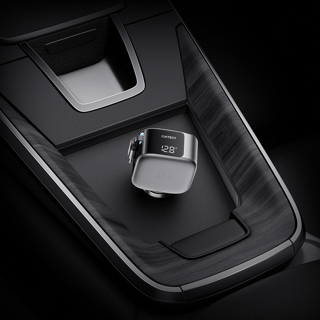 Cuktech CC903P 100W automobilinis įkroviklis su ekranu ir 70cm atsukinamu USB-C laidu - pilkas -- Car chargers