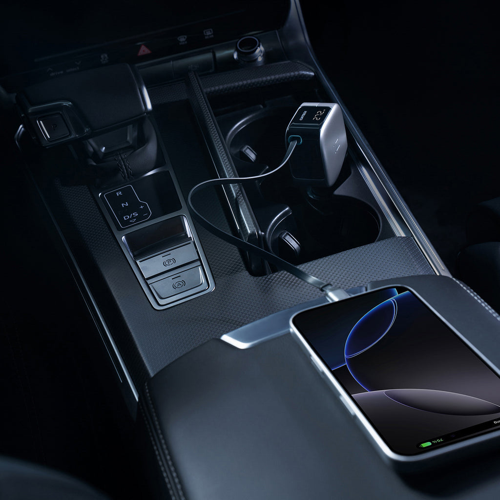 Cuktech CC903P 100W automobilinis įkroviklis su ekranu ir 70cm atsukinamu USB-C laidu - pilkas -- Car chargers