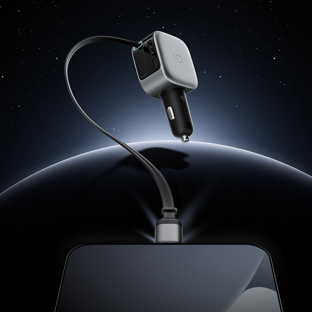 Cuktech CC903P 100W automobilinis įkroviklis su ekranu ir 70cm atsukinamu USB-C laidu - pilkas -- Car chargers